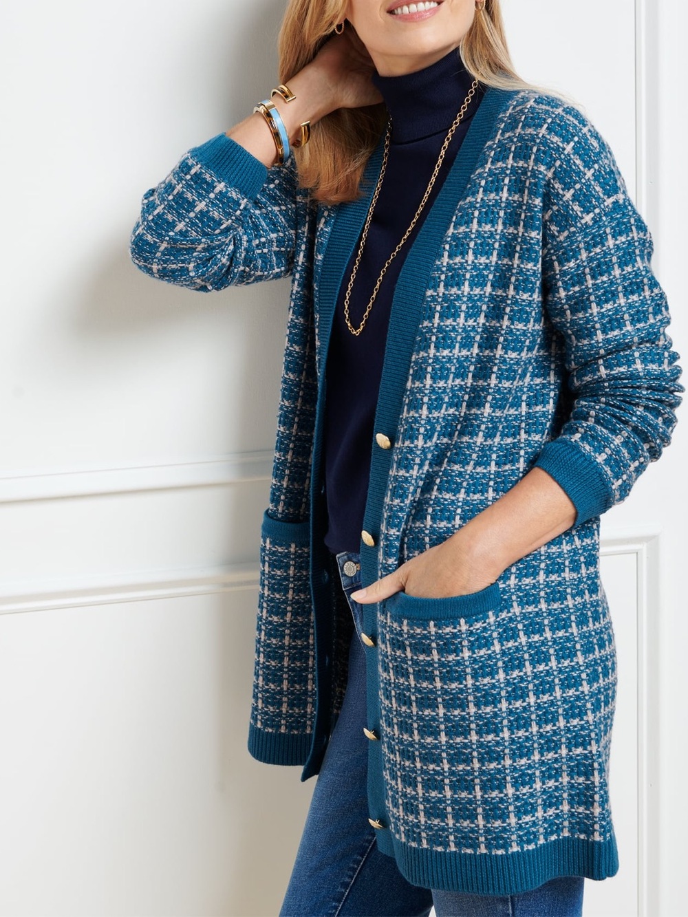 ✨Talbots | Marino Wool V Neck Textured Plaid Long Cardigan Sweater | Sz L
